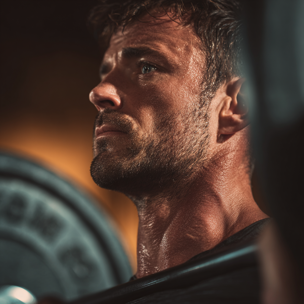 Determined man in athletic wear lifting heavy weights with focused expression and proper form