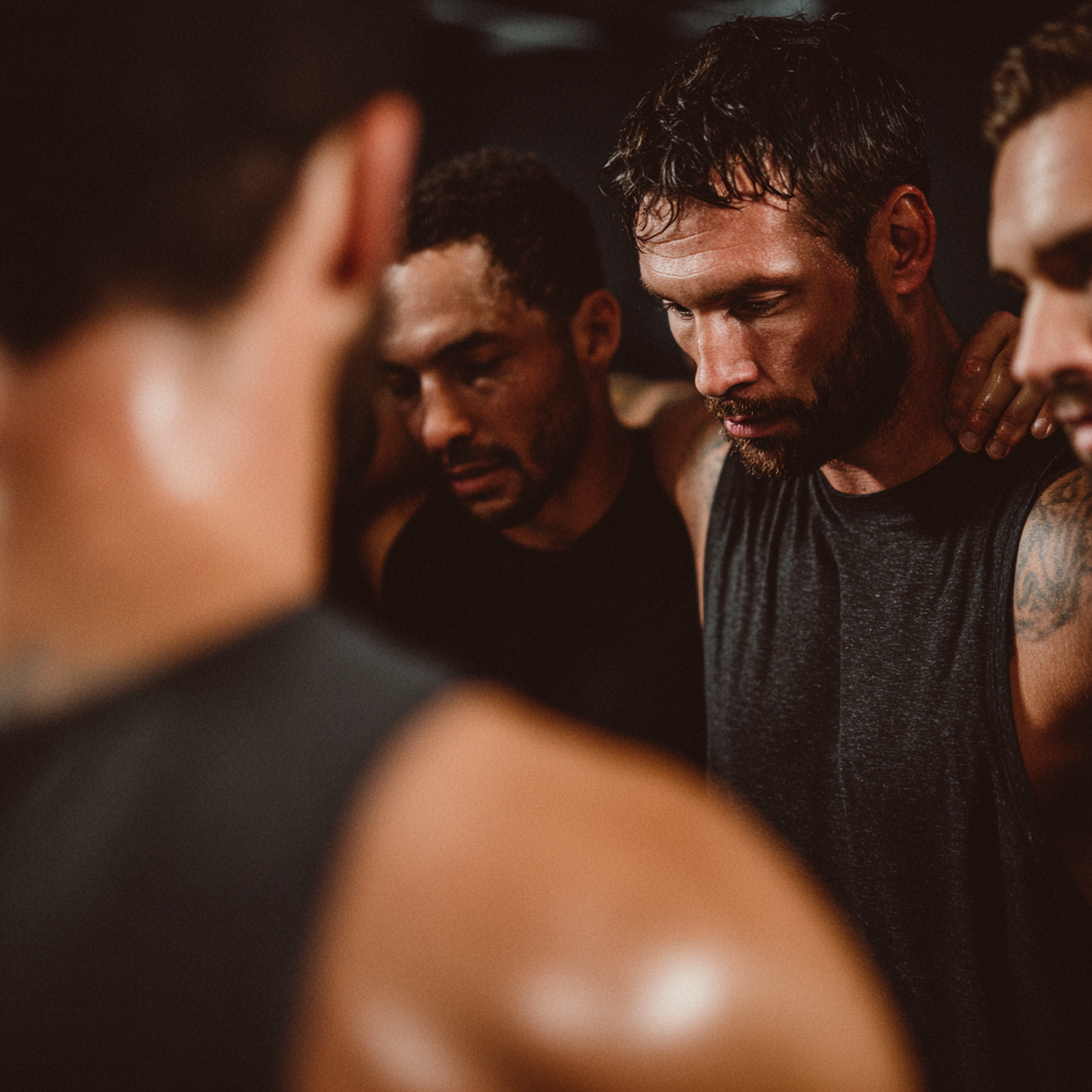 Group of motivated men in athletic gear supporting each other during intense workout session showing teamwork and determination