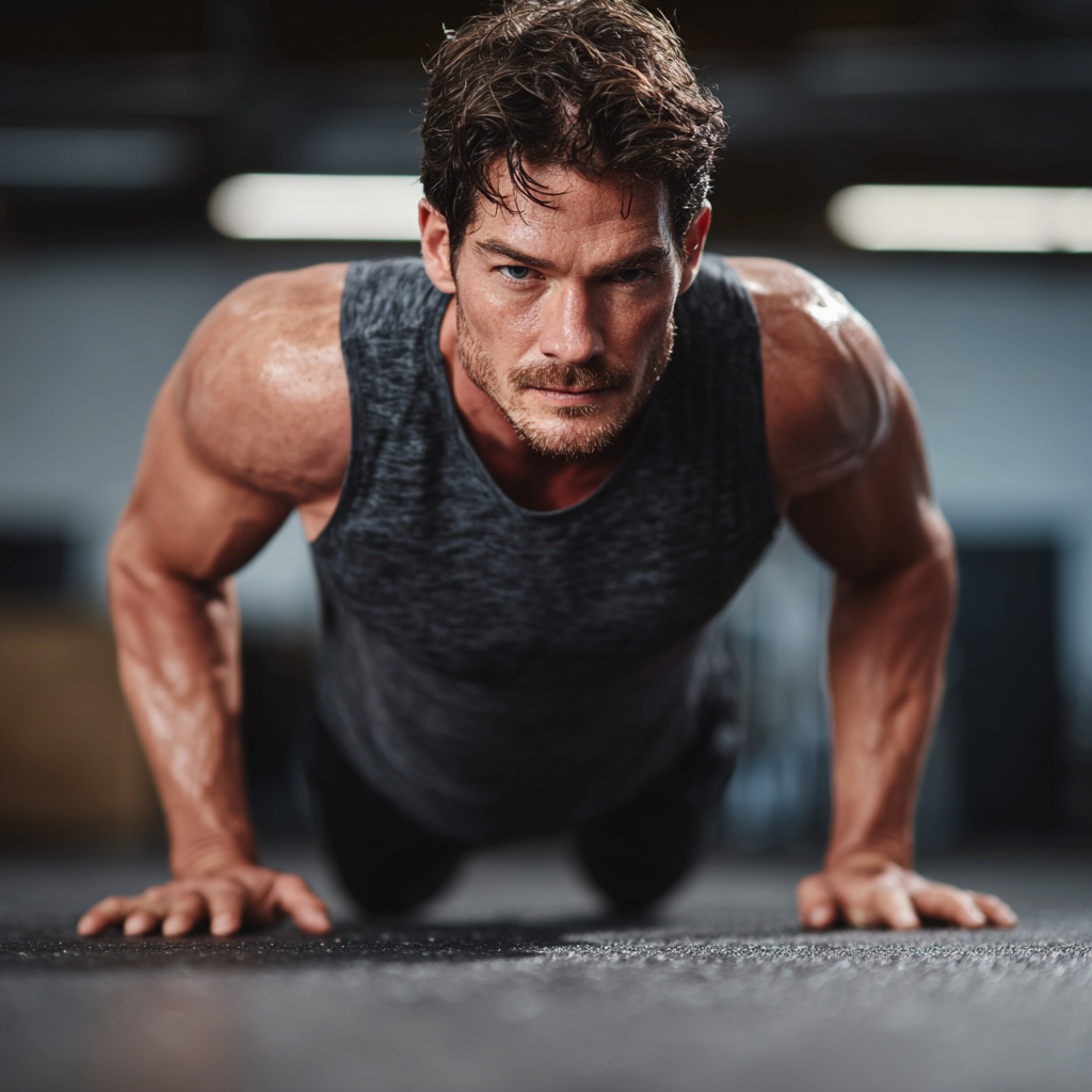 Muscular man in athletic wear doing push-ups in modern gym with determination and focus